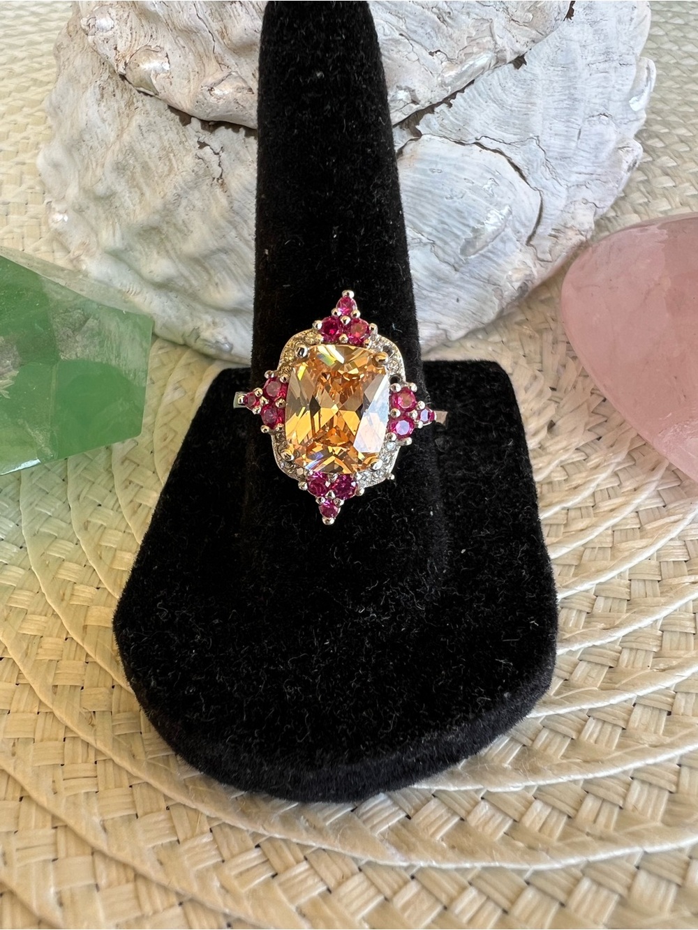 RESERVED***Morganite Lab Created & Lab Rubies Accent Halo Silver Plated Ring